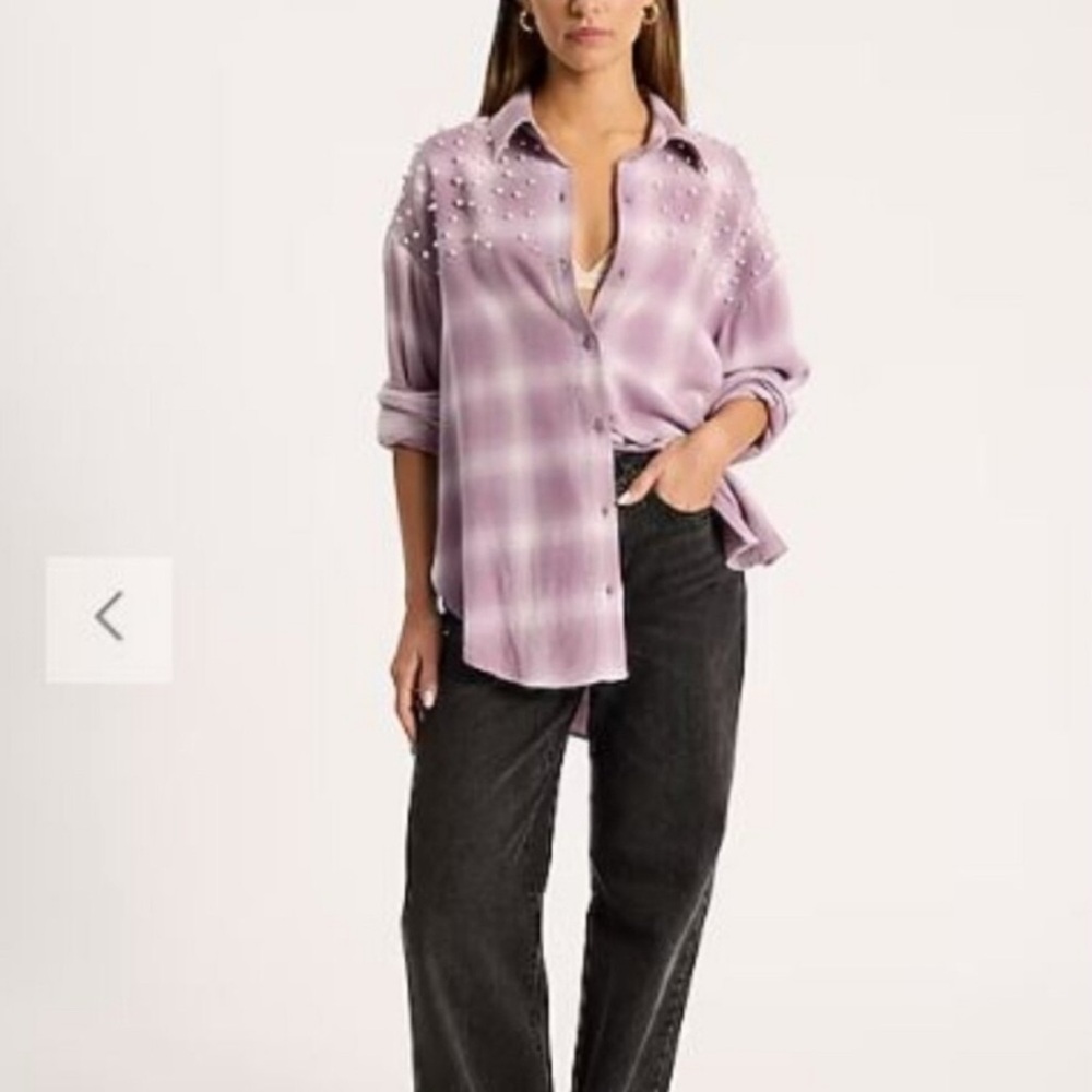 Express Pearl Embellished Boyfriend Portofino Shirt - Picture 2 of 6